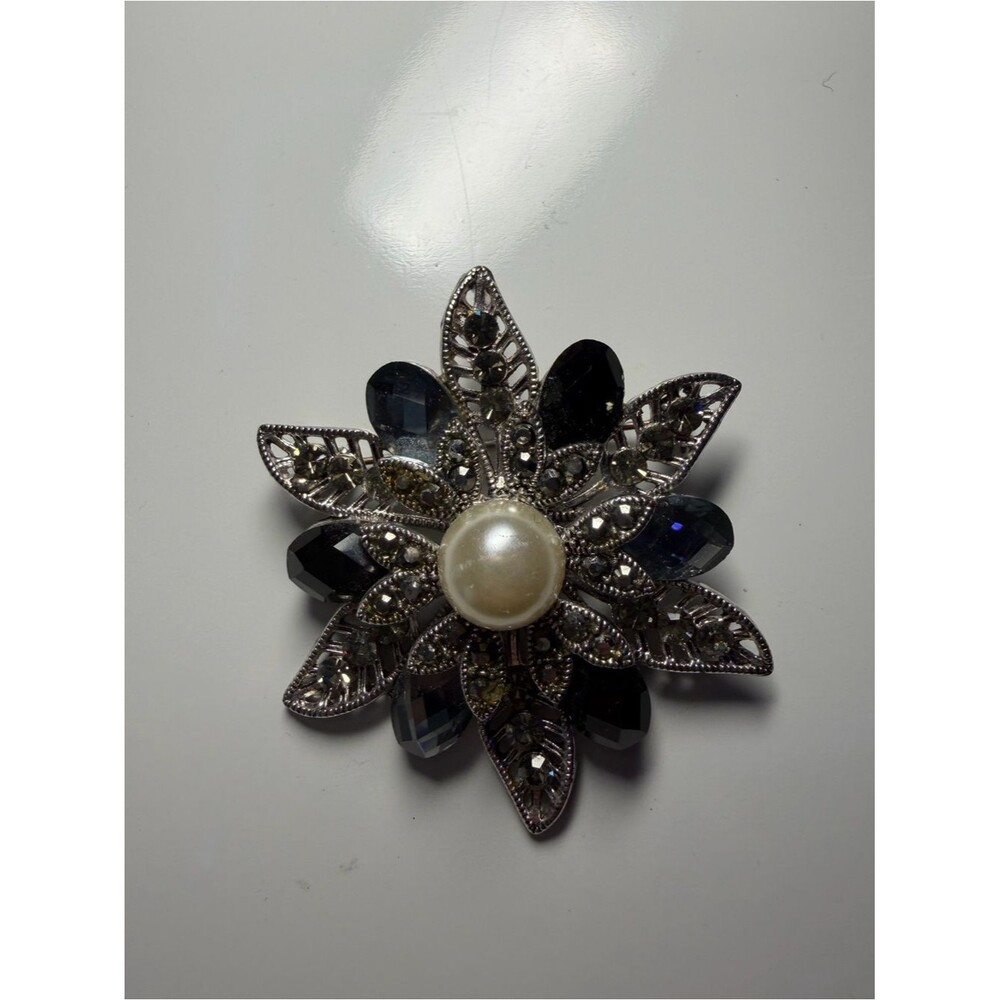 Pearl & Black Crystal Flower Brooch